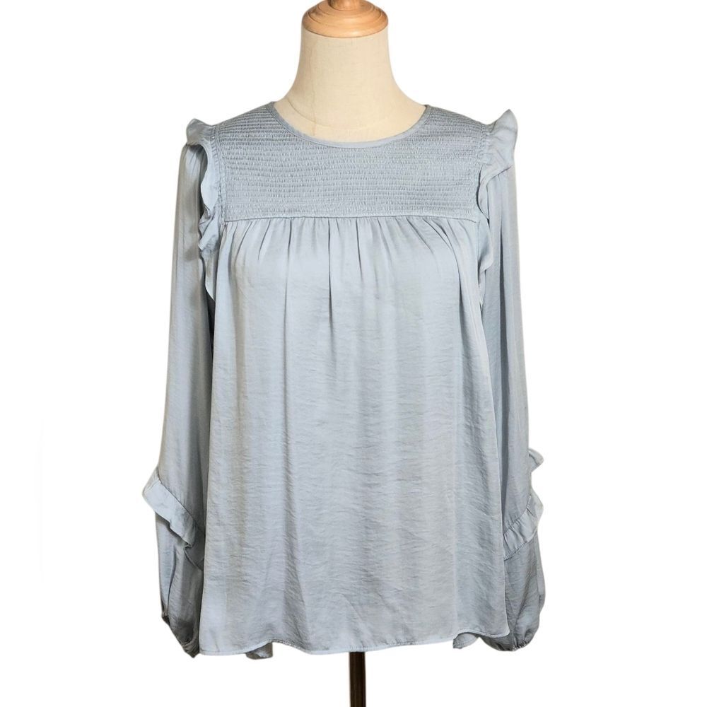 Dolan Anthropologie Gray Blue Ruffled Long Sleeve Bib Collar Blouse